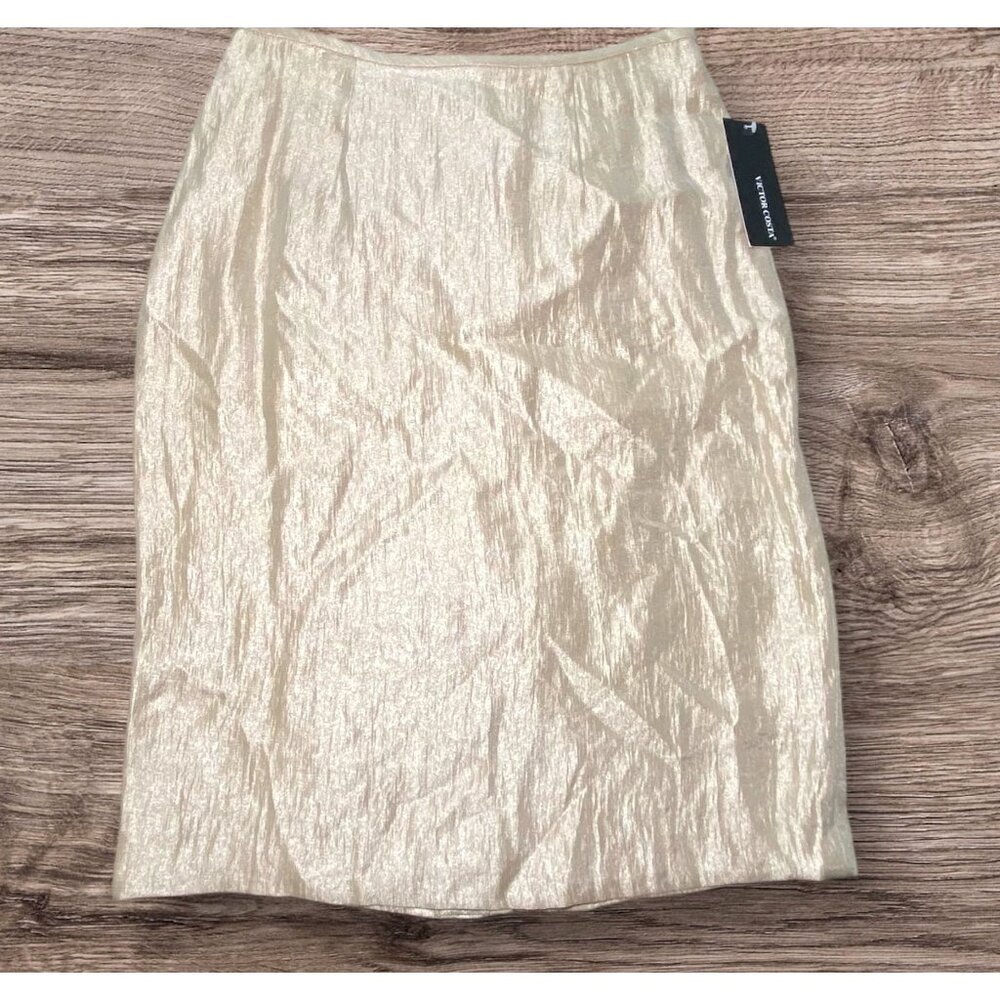 Victor Costa‎ Metallic Champagne Pencil Skirt Party Celebration Date Night Glam